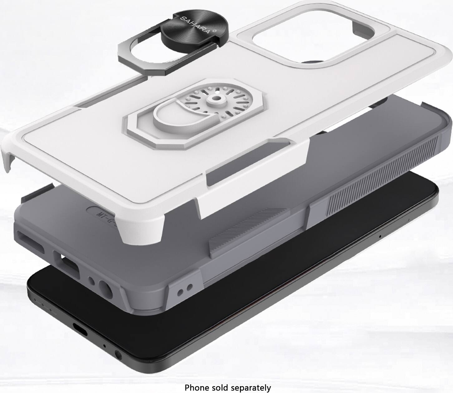 The image features a phone case with a fan and a camera on top of it. The case is designed to hold a cell phone, which is not included in the case. The case is available for purchase separately.