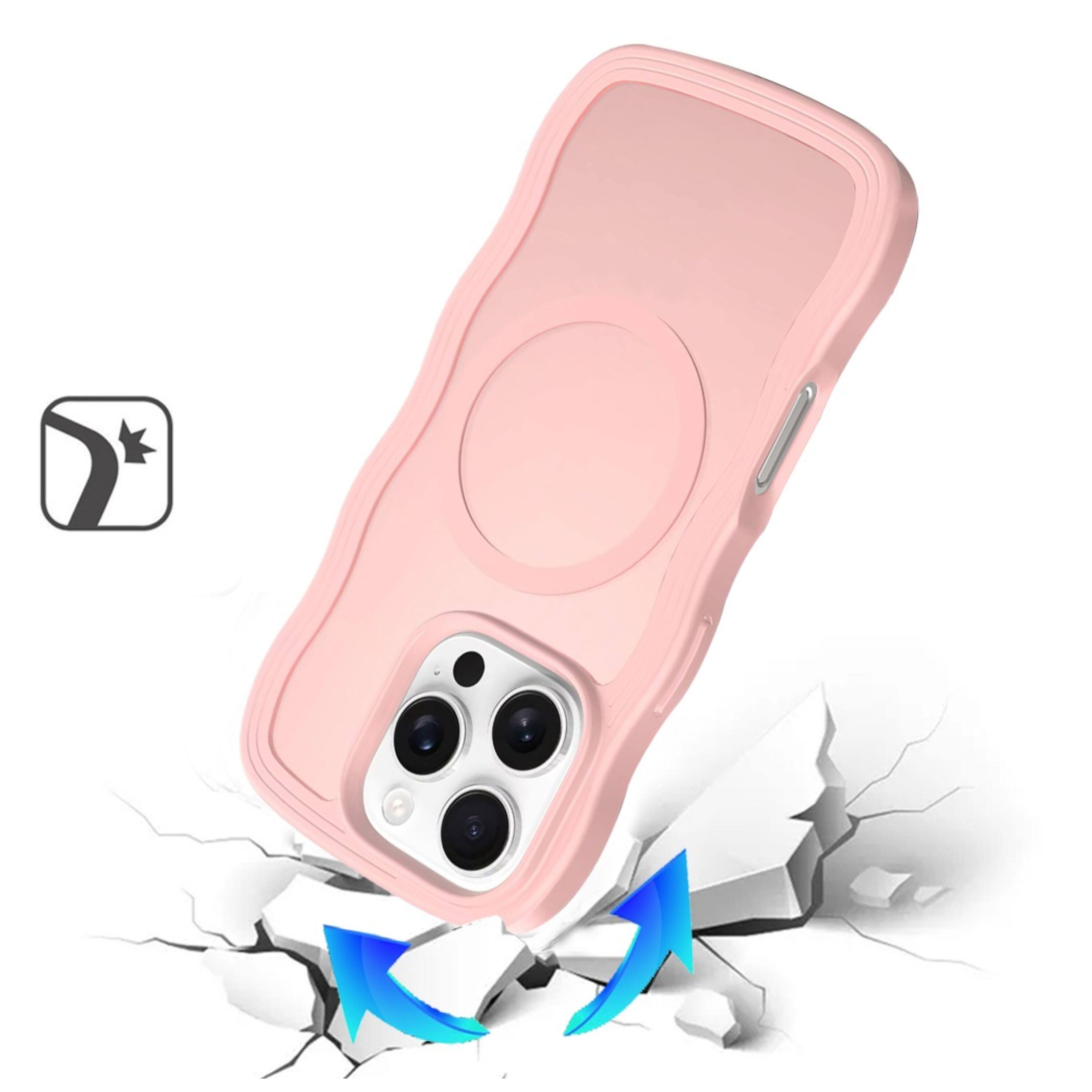 Angle. Kitcheniva - Wavy Side Grip Magnetic Circle Phone Case With Tempered Glass For iPhone 16 Pro Max - Pink.