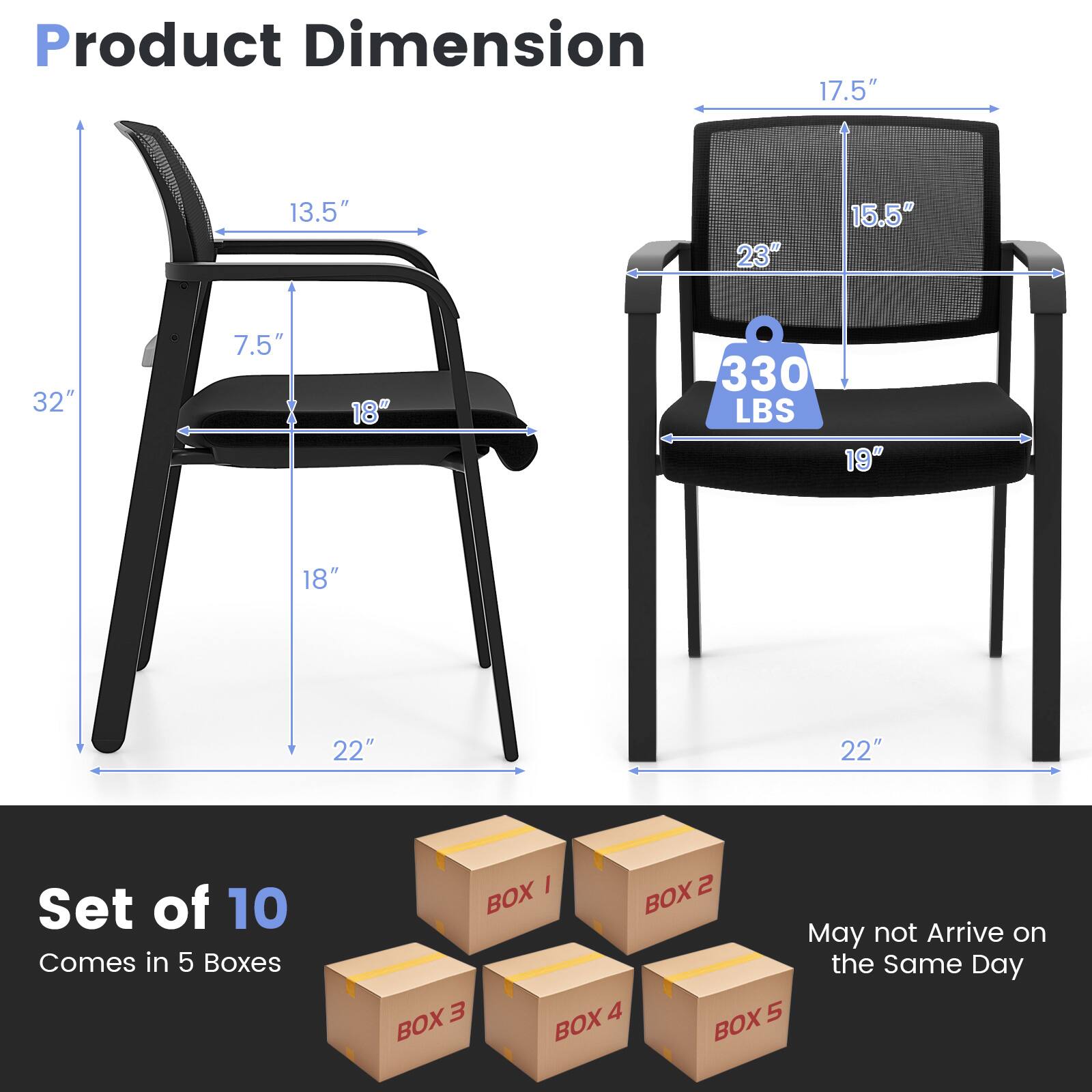 Product Dimension  
17.5" x 13.5" x 32" x 7.5" x 18" x 15.5" x 23" x 19" x 18" x 22" x 22"  
330 LBS  

Set of 10  
Comes in 5 Boxes  

May not Arrive on the Same Day