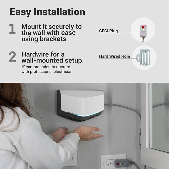 Easy Installation

1. Mount it securely to the wall with ease using brackets
2. Hardwire for a wall-mounted setup. *Recommended to operate with professional electrician

GFCI Plug
Hard Wired Hole
