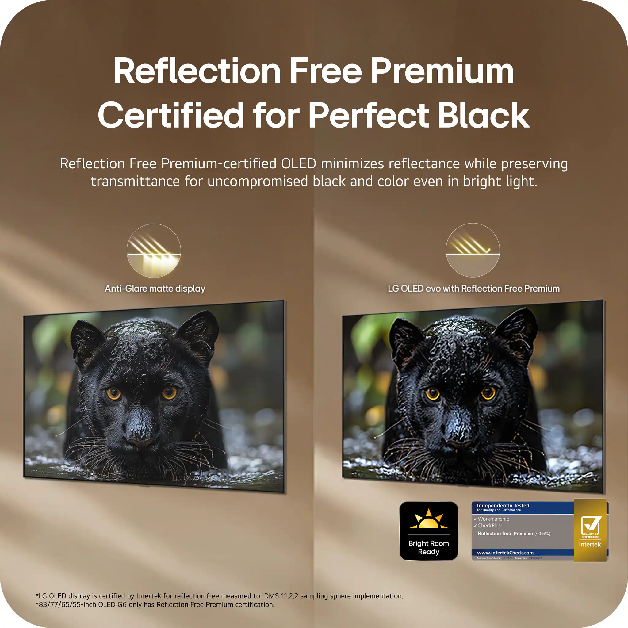 Reflection Free Premium Certified for Perfect Black

Reflection Free Premium-certified OLED minimizes reflectance while preserving transmittance for uncompromised black and color even in bright light.

Anti-Glare matte display

LG OLED evo with Reflection Free Premium

Bright Room Ready

Independently Tested
- Workmanship
- CheckPlus
- Reflection free Premium (0.5%)

www.intertekCheck.com

*LG OLED display is certified by Intertek for reflection free measured to IDMS 11.22 sampling sphere implementation
*83/77/65/55-inch OLED G6 only has Reflection Free Premium certification