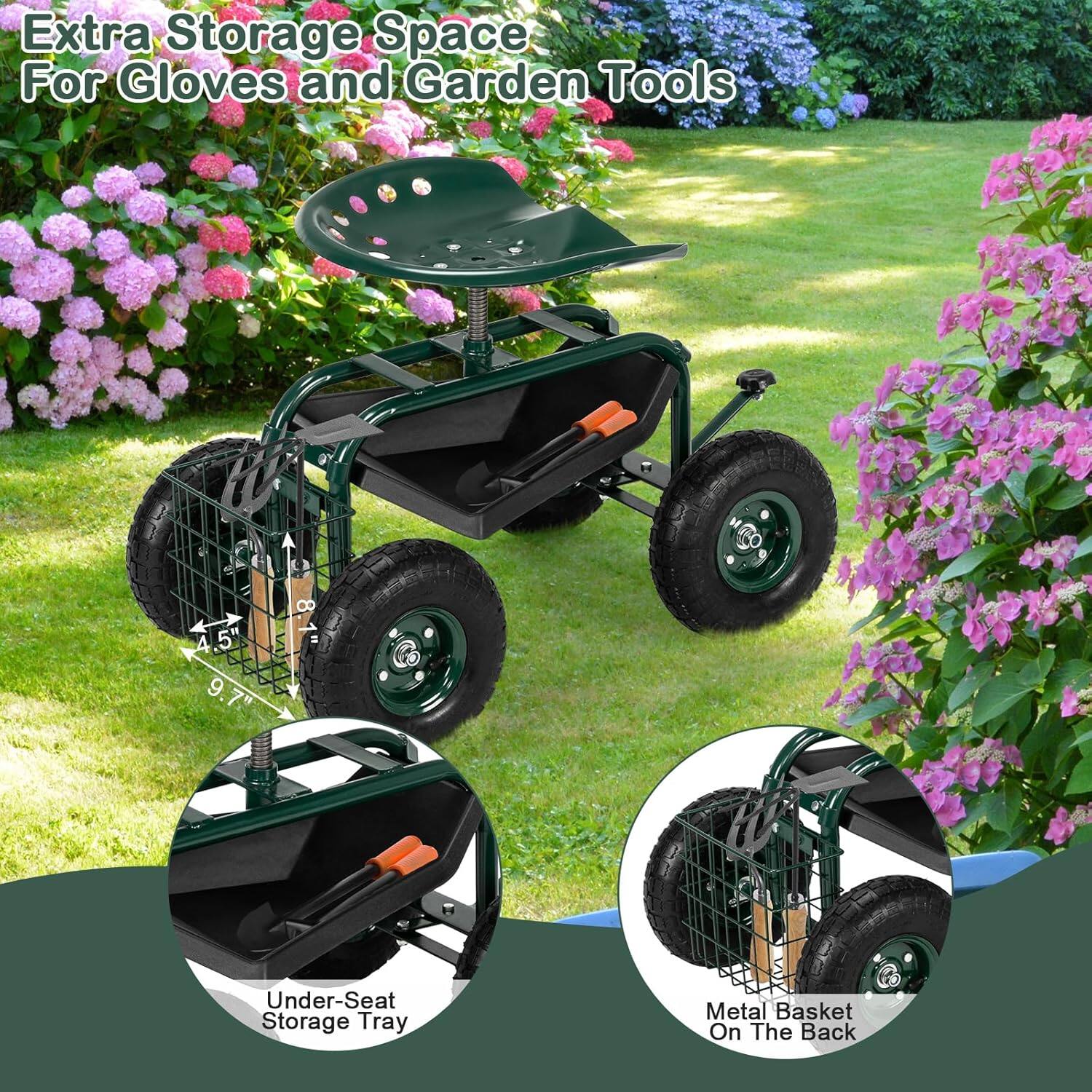 Extra Storage Space For Gloves and Garden Tools

5" x 9.7" Under-Seat Storage Tray

Metal Basket On The Back