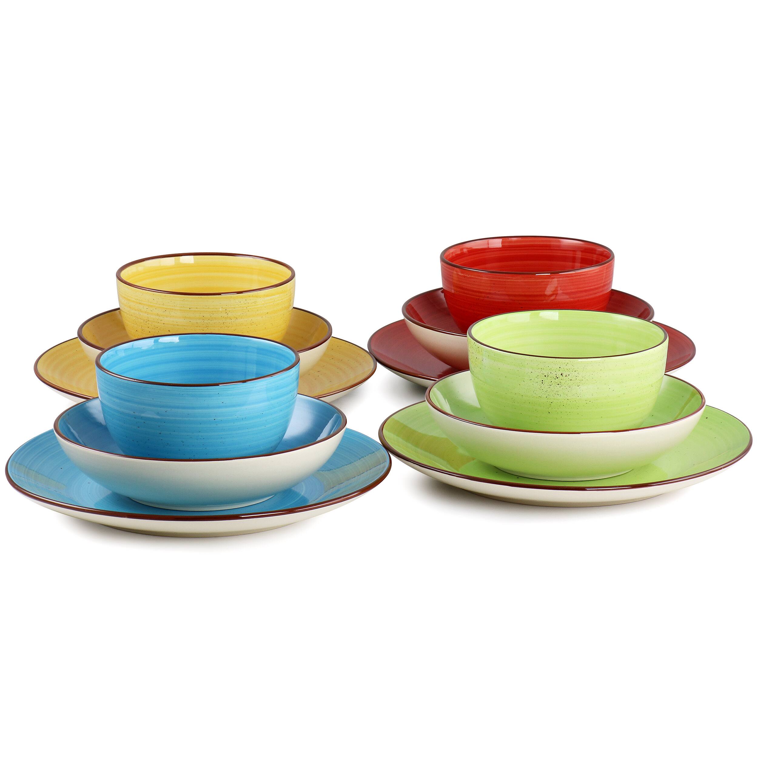 Alt View 4. Elama - Elama Mason 12 Piece Double Bowl Stoneware Dinnerware Set in Assorted Colors - Yellow, Turquoise, Lime, Red.