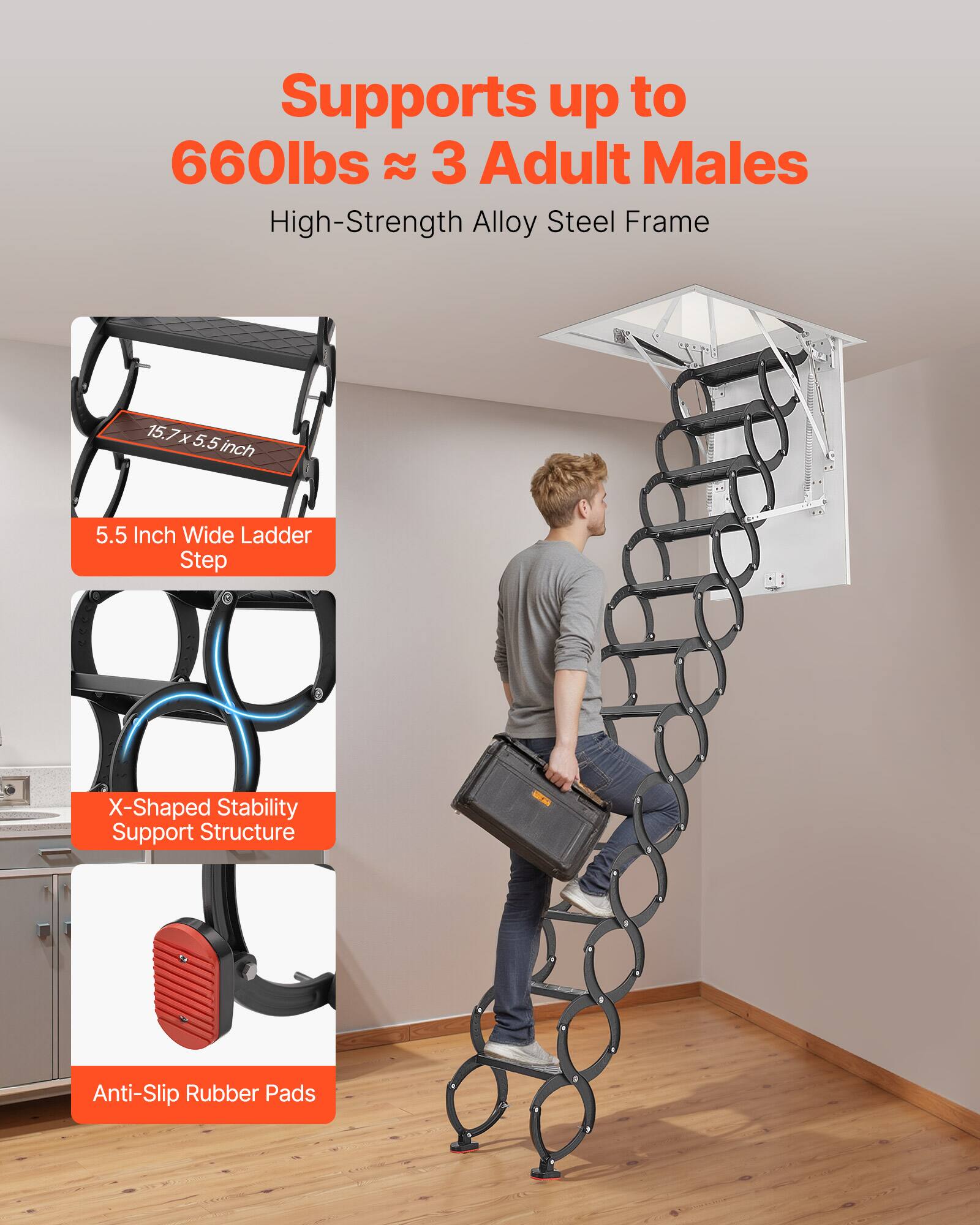 Supports up to 660lbs (~ 3 Adult Males)  
High-Strength Alloy Steel Frame  
15.7x5.5 inch  
5.5 Inch Wide Ladder Step  
X-Shaped Stability Support Structure  
Anti-Slip Rubber Pads