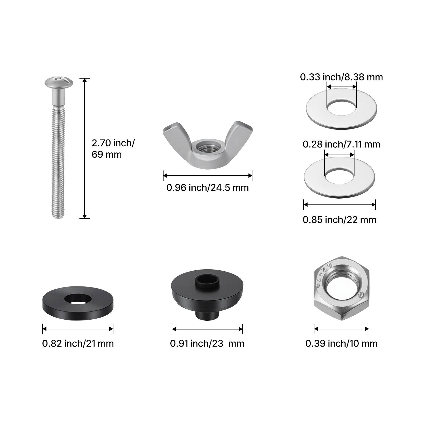 - 2.70 inch / 69 mm
- 0.96 inch / 24.5 mm
- 0.82 inch / 21 mm
- 0.91 inch / 23 mm
- 0.33 inch / 8.38 mm
- 0.28 inch / 7.11 mm
- 0.85 inch / 22 mm
- 0.39 inch / 10 mm