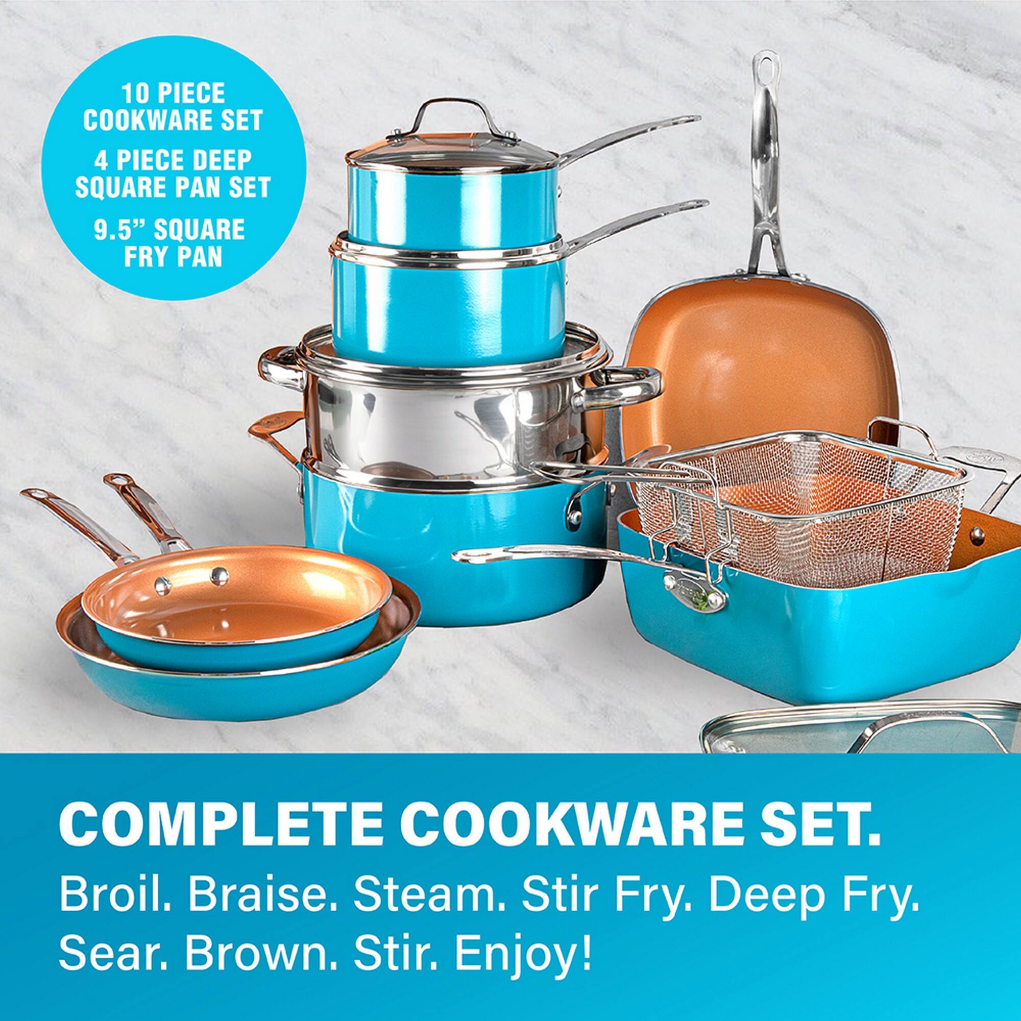 10 PIECE COOKWARE SET  
4 PIECE DEEP SQUARE PAN SET  
9.5" SQUARE FRY PAN  

COMPLETE COOKWARE SET.  
Broil. Braise. Steam. Stir Fry. Deep Fry. Sear. Brown. Stir. Enjoy!