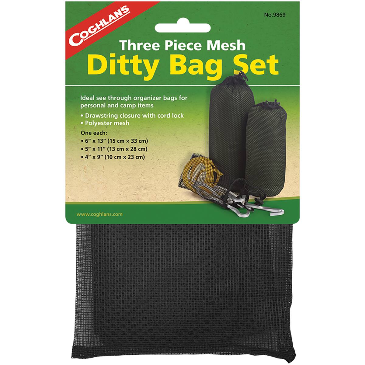 No. 9869 COGHLAN'S Three Piece Mesh Ditty Bag Set

Ideal see through organizer bags for personal and camp items
- Drawstring closure with cord lock
- Polyester mesh

One each:
- 6" x 13" (15 cm x 33 cm)
- 5" x 11" (13 cm x 28 cm)
- 4" x 9" (10 cm x 23 cm)

www.coghlans.com