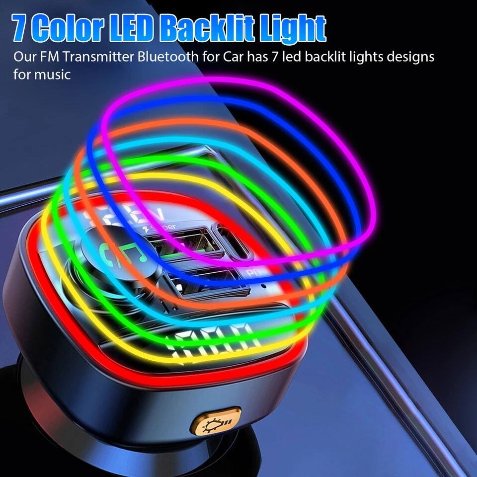 7 Color LED Backlit Light

Our FM Transmitter Bluetooth for Car has 7 led backlit lights designs for music