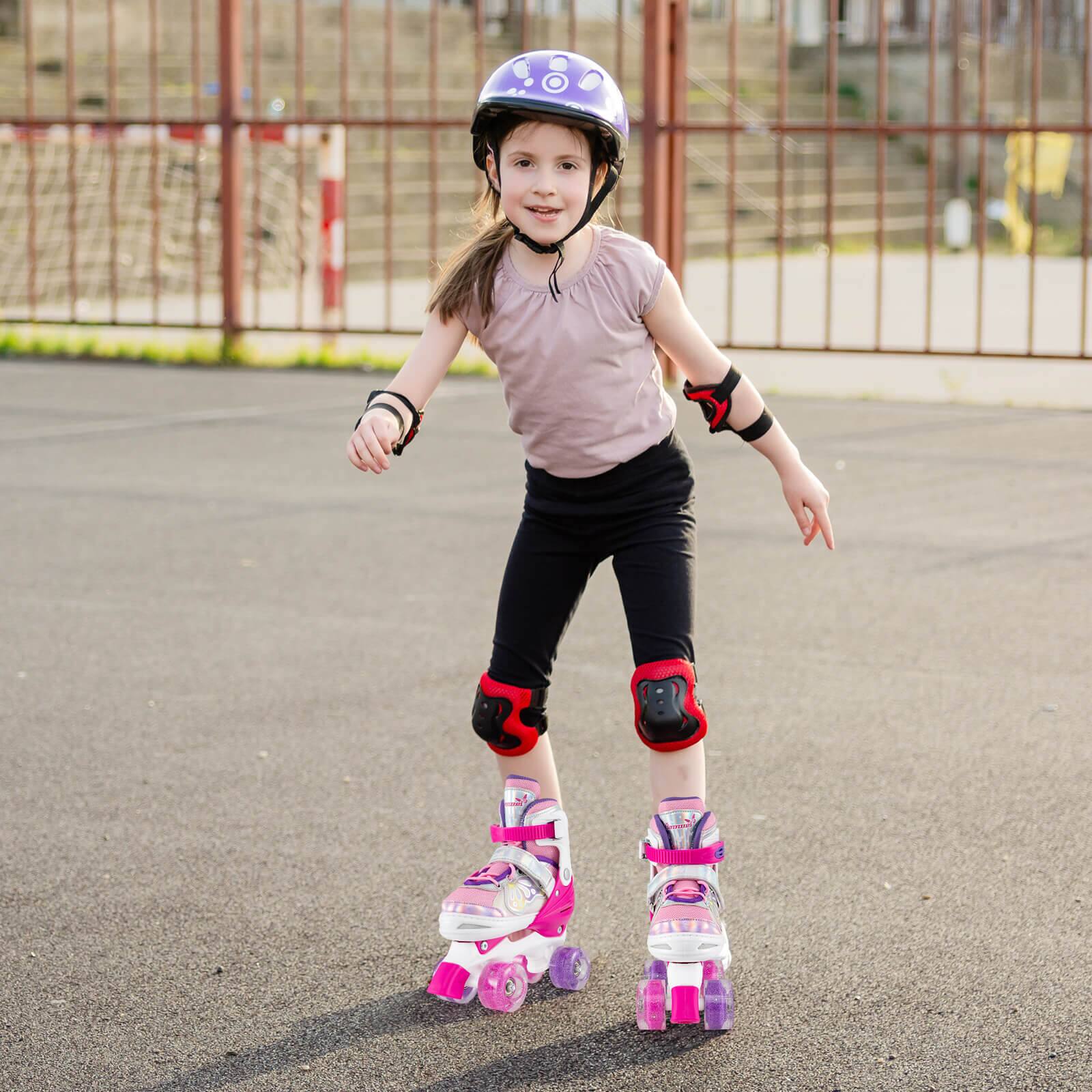 Alt View 3. Costway - Costway 4 Sizes Adjustable Quad Skates with Light-up Wheels Safety Protection for Ages 8-13 - Rose Red.
