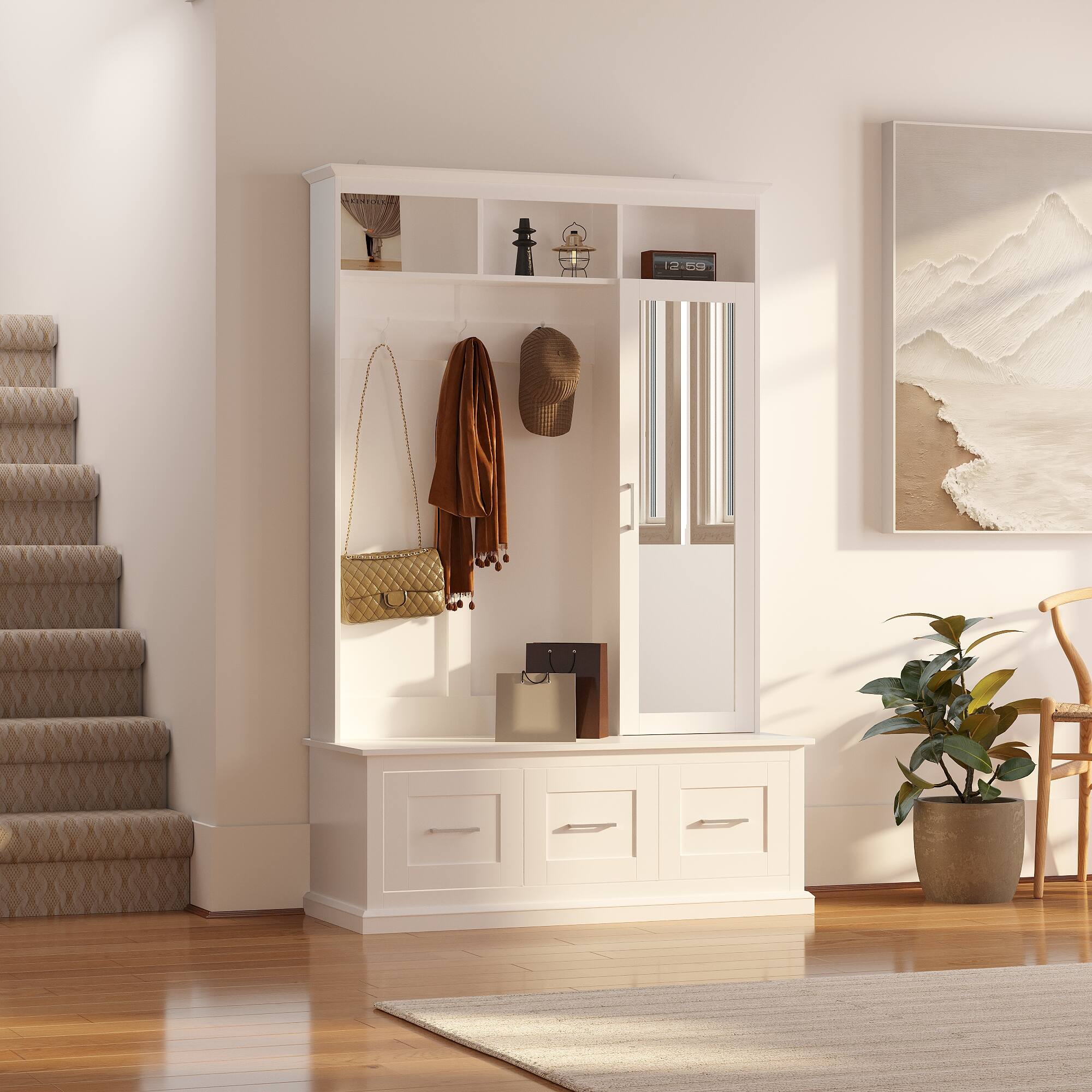 Angle. FUFU&GAGA - Hall Tree with Mirror and Storage Bench Elegant Entryway Organizer with Coat Hooks and Shelves - White.