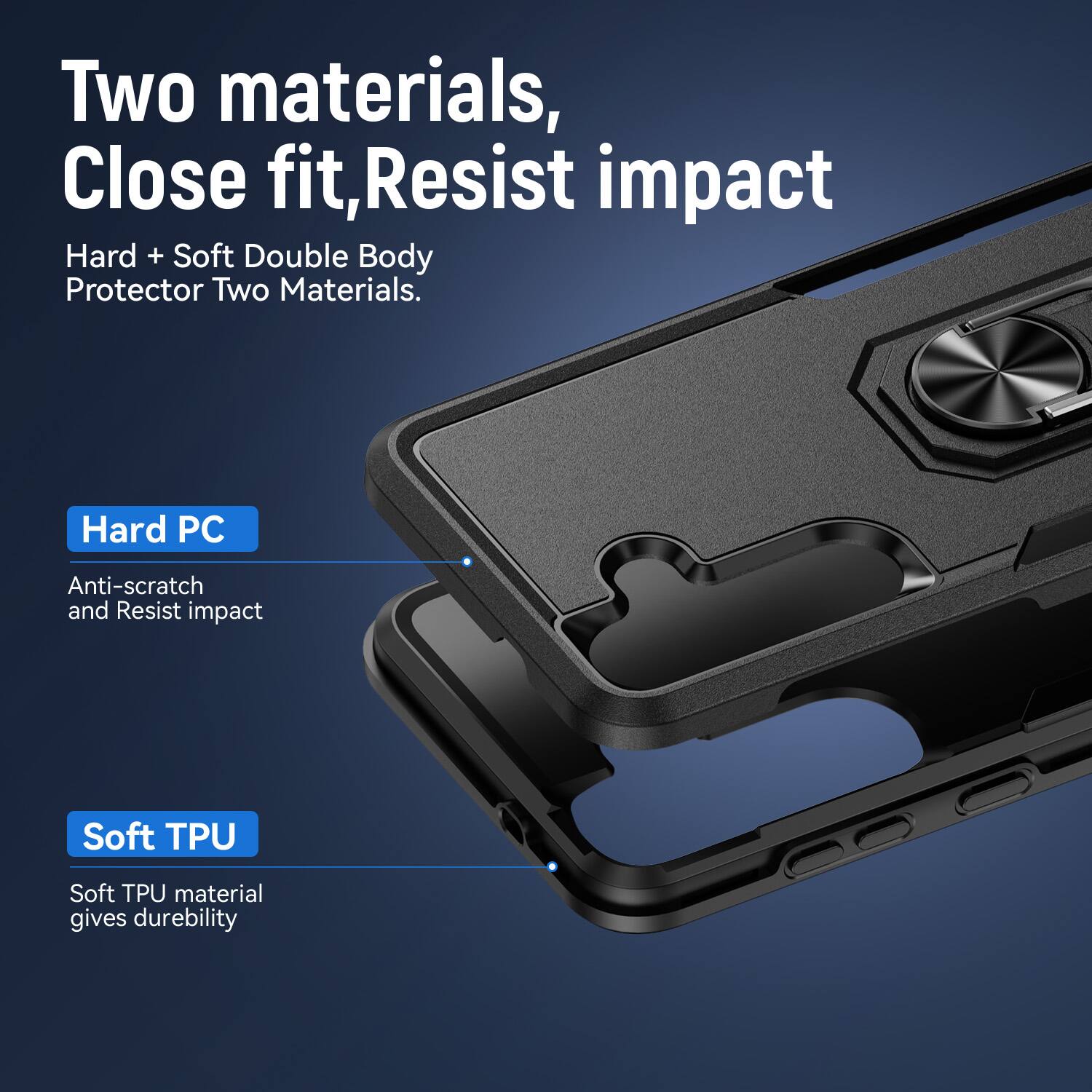 Two materials, Close fit, Resist impact  
Hard + Soft Double Body Protector Two Materials.  
Hard PC  
Anti-scratch and Resist impact  
Soft TPU  
Soft TPU material gives durability