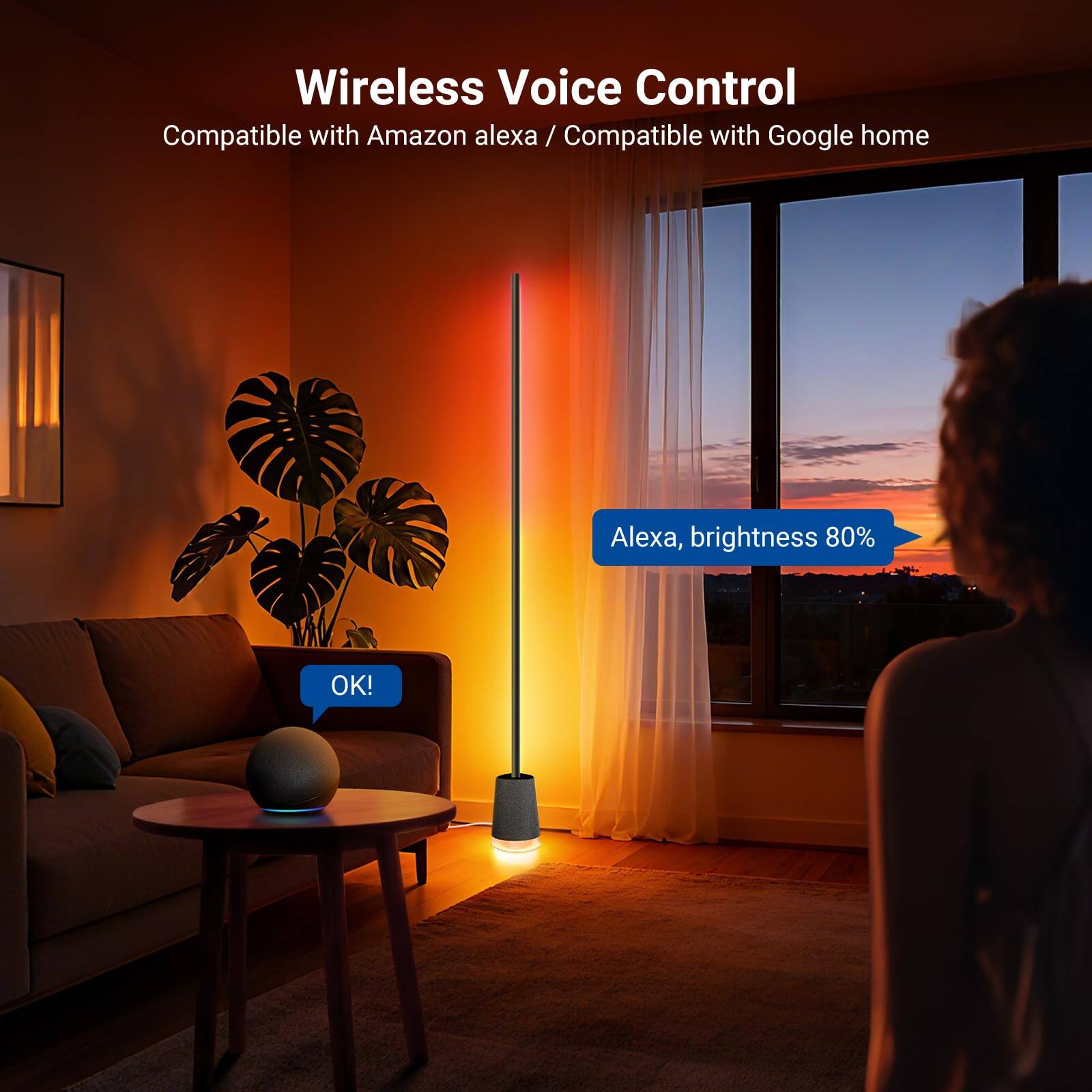 Wireless Voice Control  
Compatible with Amazon Alexa / Compatible with Google Home  

Alexa, brightness 80%  
OK!