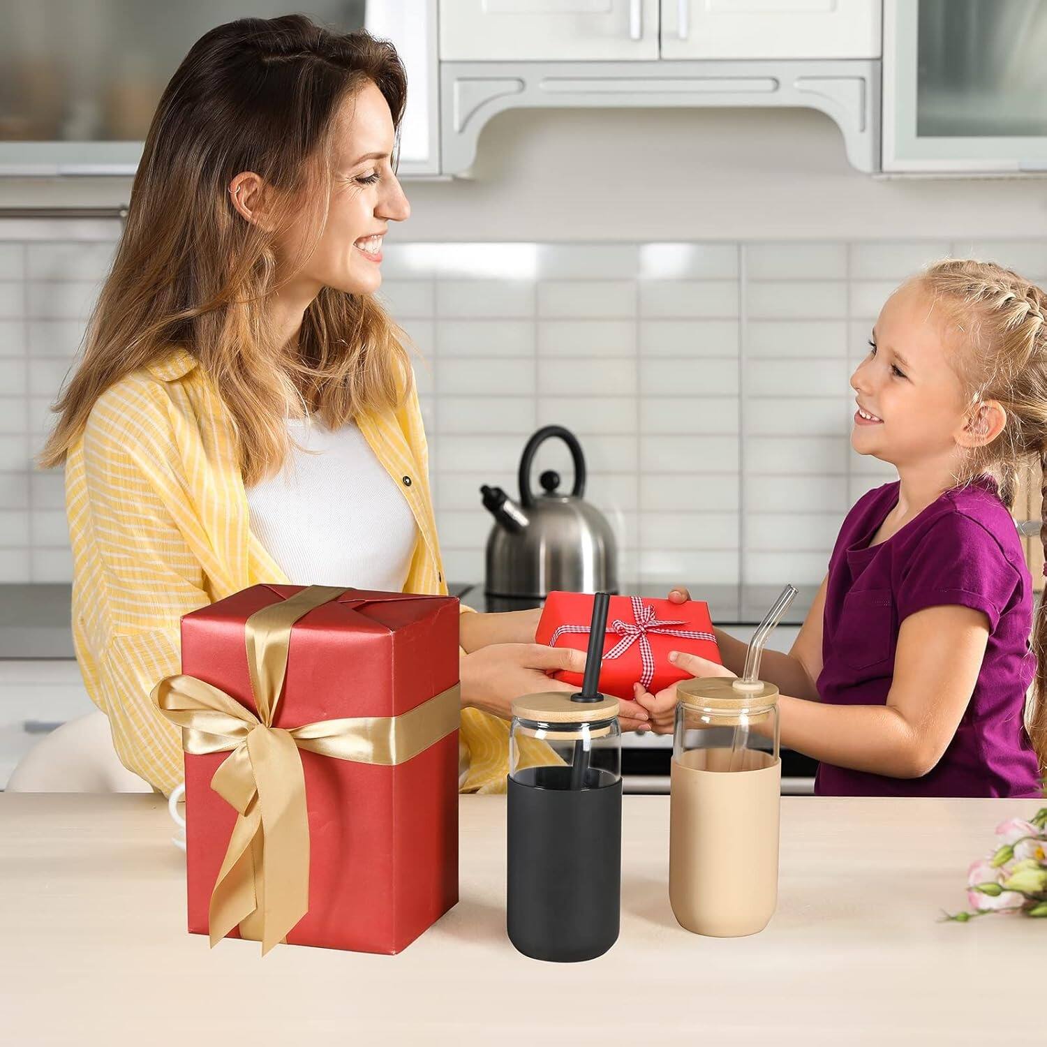 Alt View 1. PARKER SLATER - 20oz glass cups with bamboo lids, straws, and silicone sleeves, set for iced coffee, smoothies, boba, or water. - Amber Black.