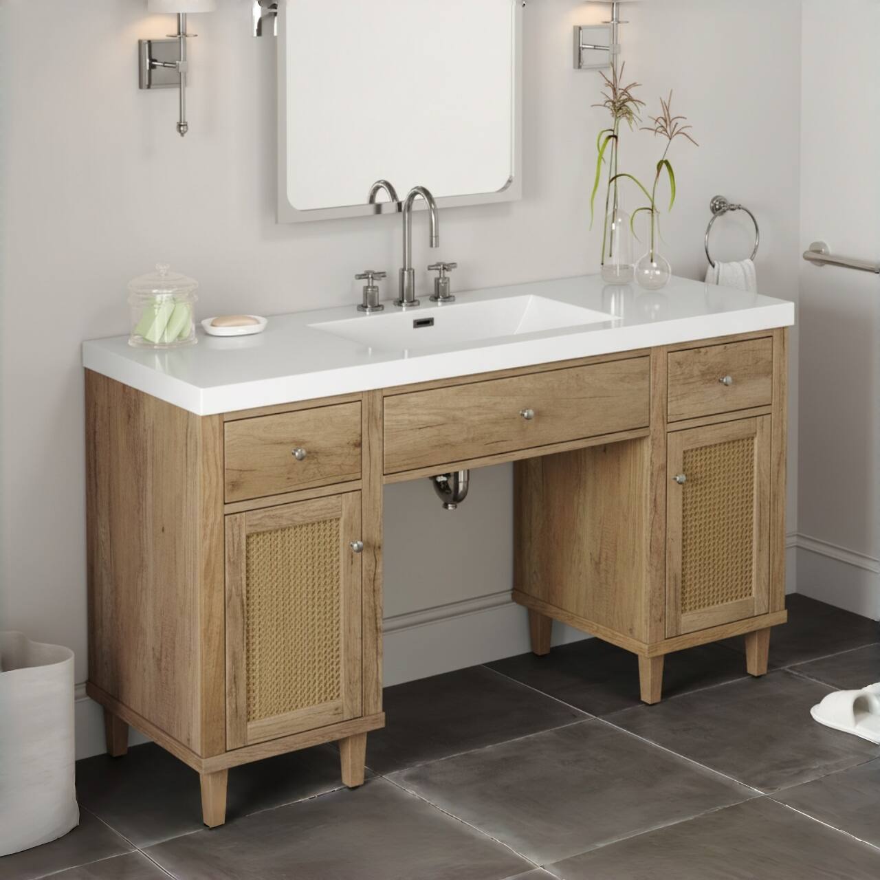 Back. Loheer - 5 ft Bathroom Vanity with SMC Sink, Soft-Close Drawers, Tip-Out Tray, Wood Cabinet for Bath - Wood.