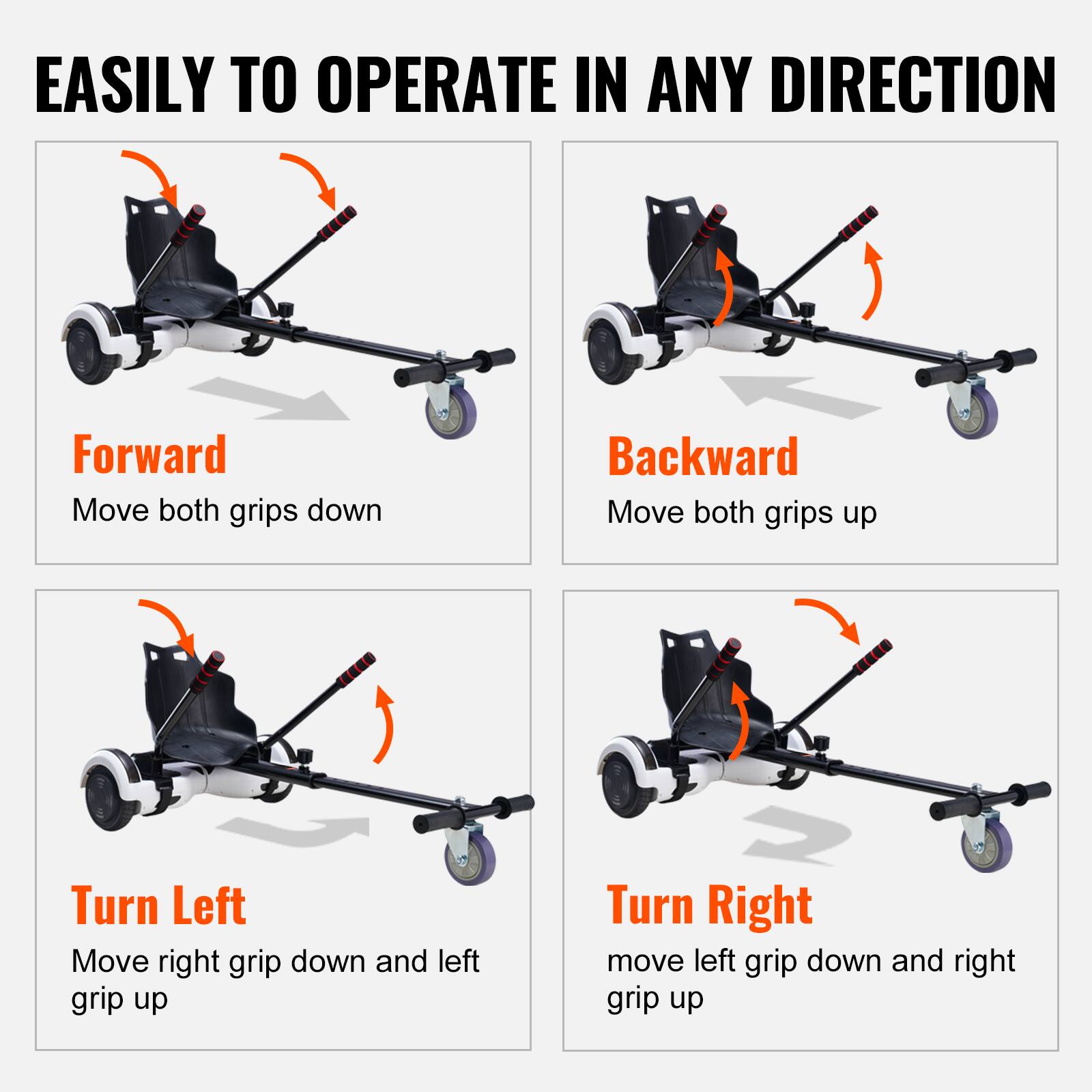 EASILY TO OPERATE IN ANY DIRECTION

Forward  
Move both grips down

Backward  
Move both grips up

Turn Left  
Move right grip down and left grip up

Turn Right  
Move left grip down and right grip up