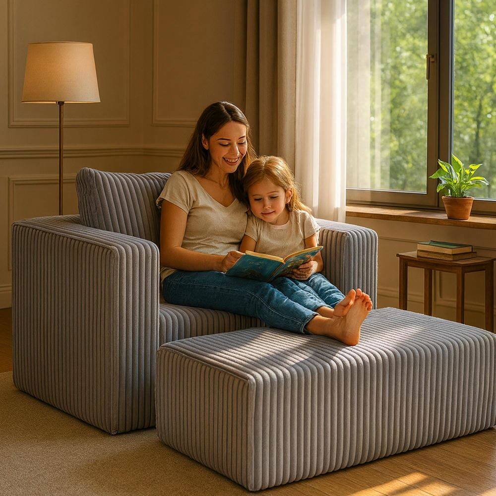 Alt View 2. Kadyn - Oversized All-Foam Lounge Chair with Ottoman, Modular Corduroy, No-Tool Assembly, Gray - Gray.