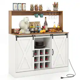 Ecooso - Farmhouse Coffee Bar Sideboard Cabinet Organizer with Charging Station and Sliding Barn Doors - White