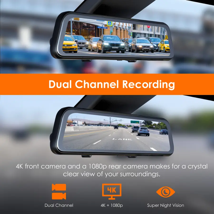 Dual Channel Recording: A 4K front camera and a 1080p rear camera makes for a crystal clear view of your surroundings.