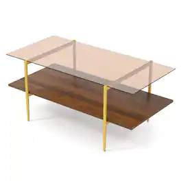 SlickBlue - 2-Tier Glass Coffee Table with Tempered Glass Top and Open Storage Shelf - Brown