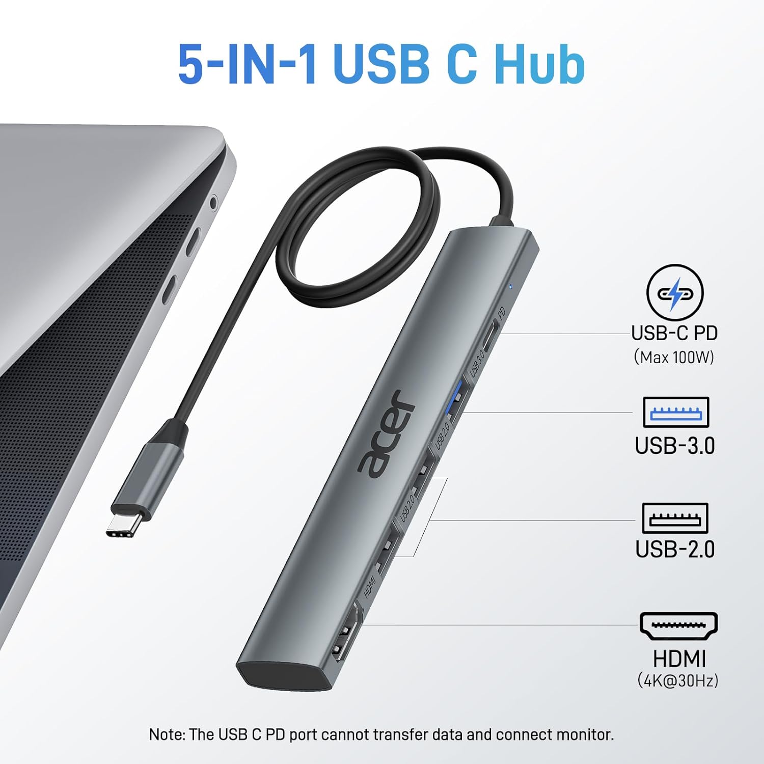 5-IN-1 USB C Hub

- USB-C PD (Max 100W)
- USB-3.0
- USB-2.0
- HDMI (4K@30Hz)

Note: The USB C PD port cannot transfer data and connect monitor.