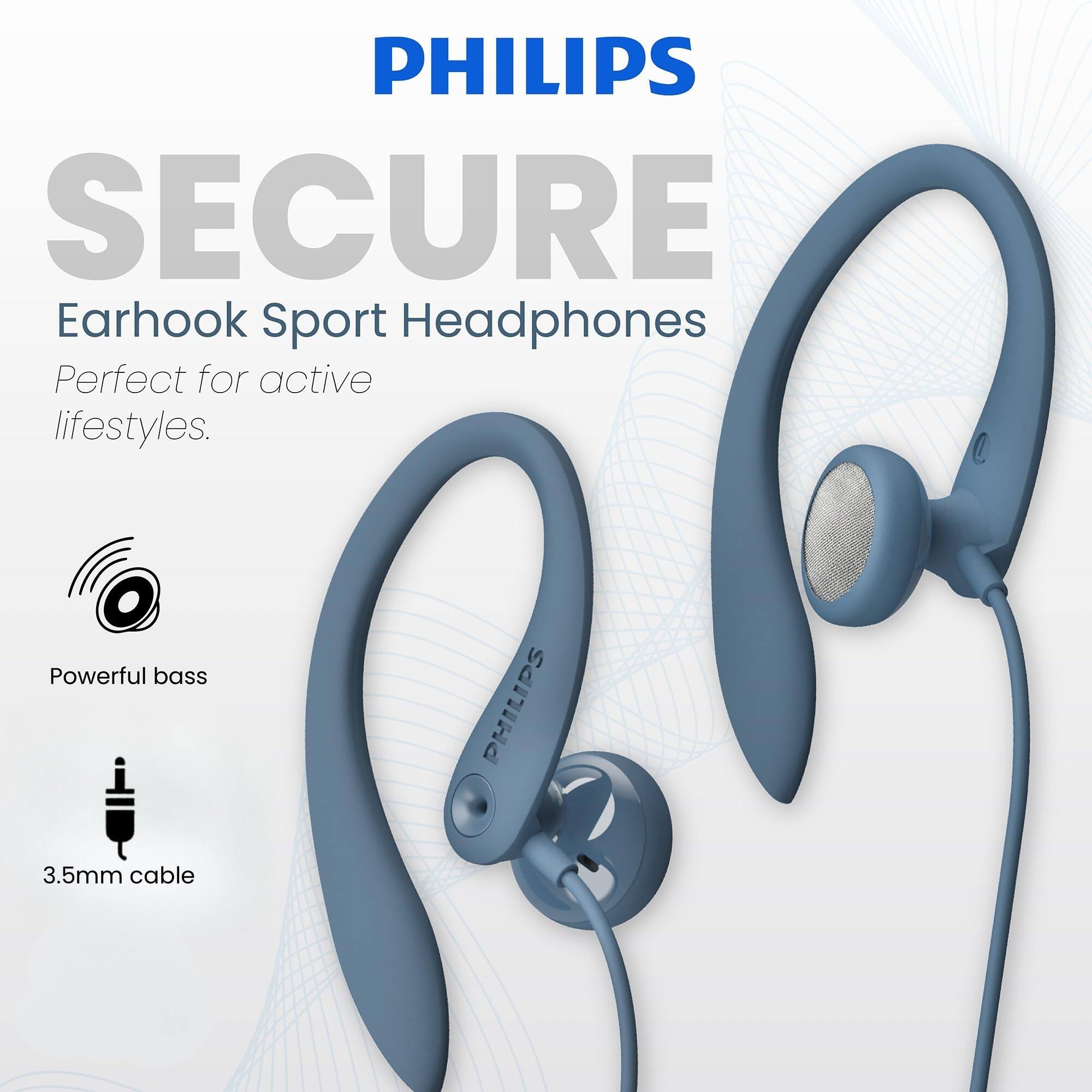 PHILIPS SECURE Earhook Sport Headphones Perfect for active lifestyles. Powerful bass PHILIPS 3.5mm cable