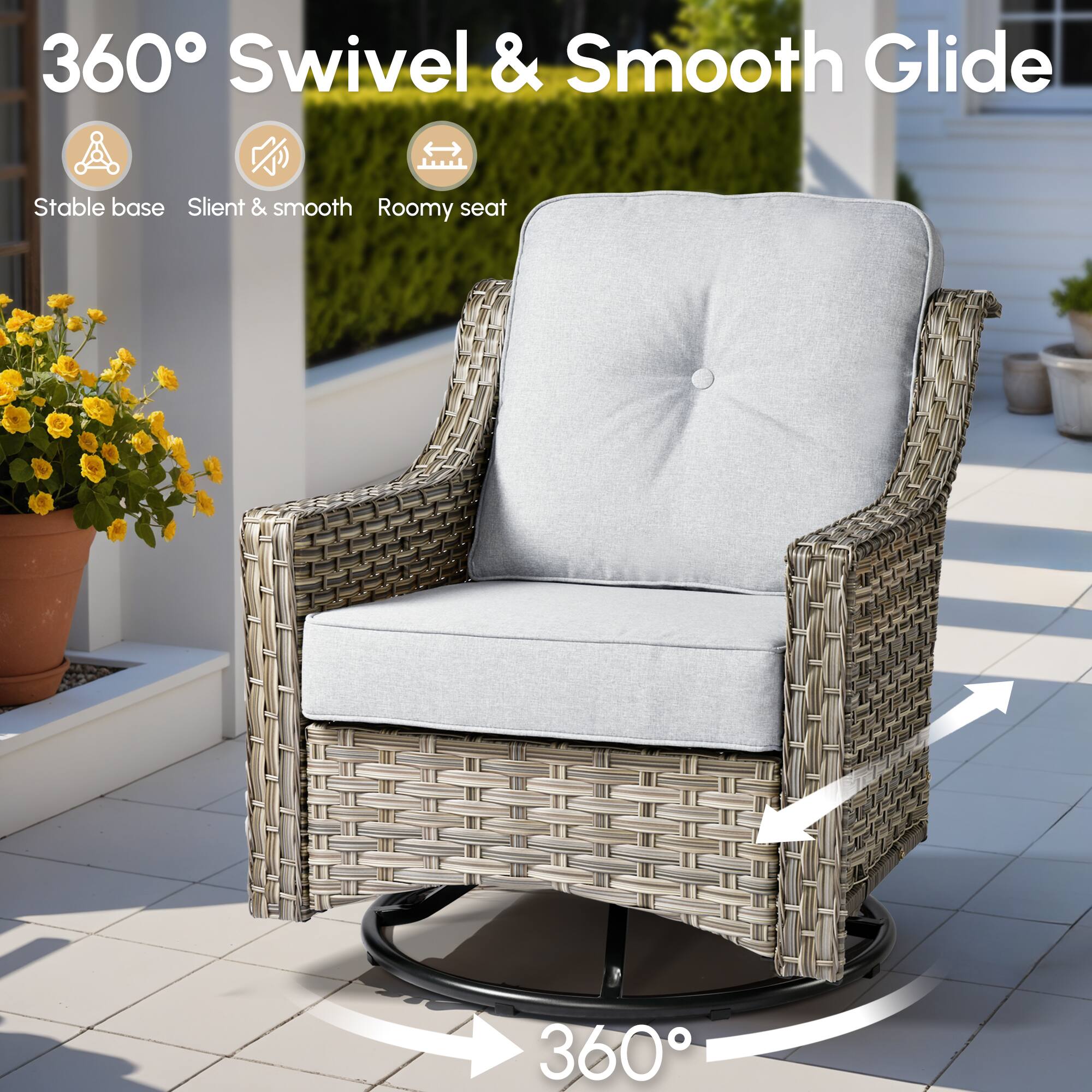 360° Swivel & Smooth Glide

- Stable base
- Silent & smooth
- Roomy seat

360°