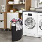 Front. Costway - Corner Bamboo Hamper Laundry Basket Washing Cloth Bin Storage Bag Lid Black - Black.