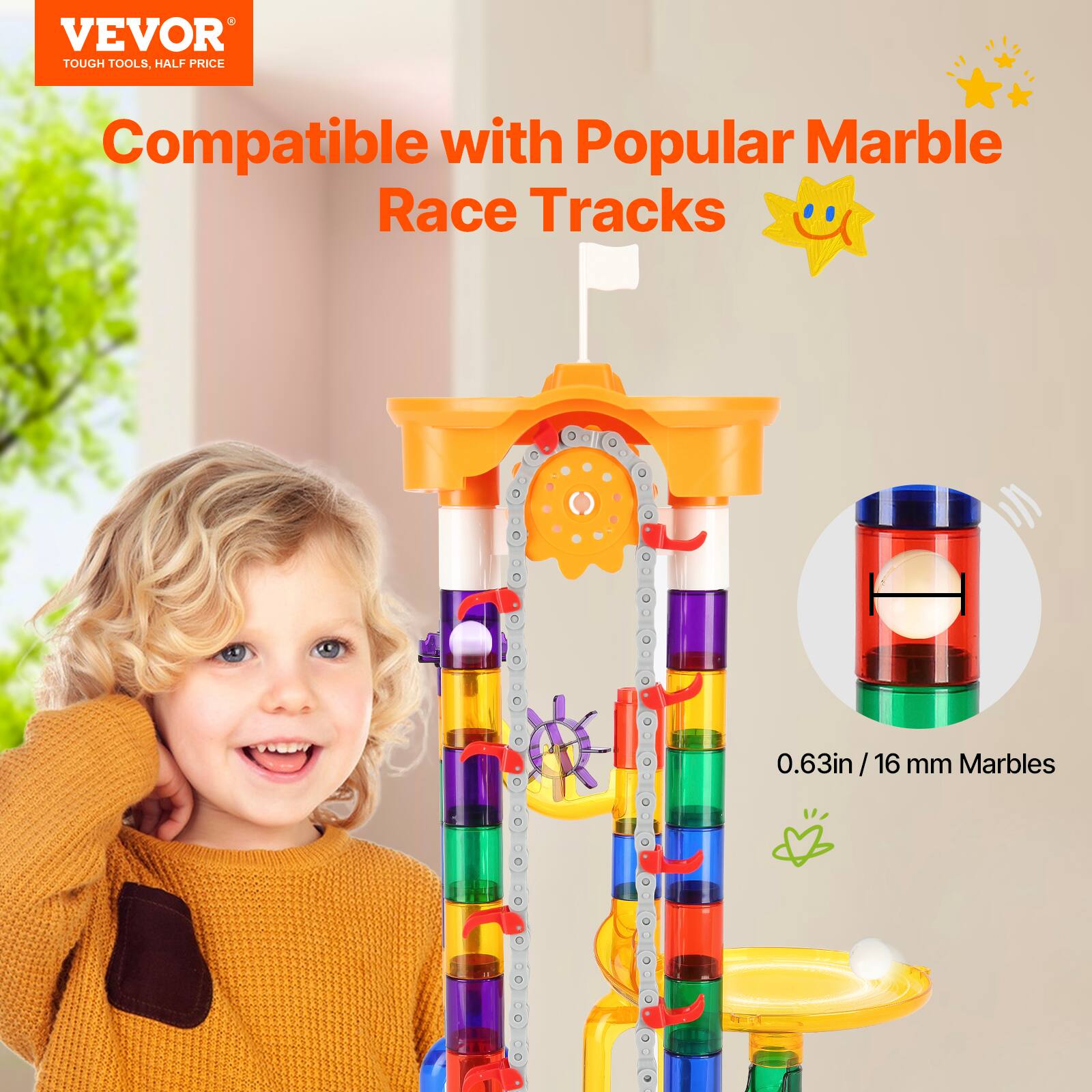VEVOR  
TOUGH TOOLS, HALF PRICE  

Compatible with Popular Marble Race Tracks  

0.63in / 16 mm Marbles