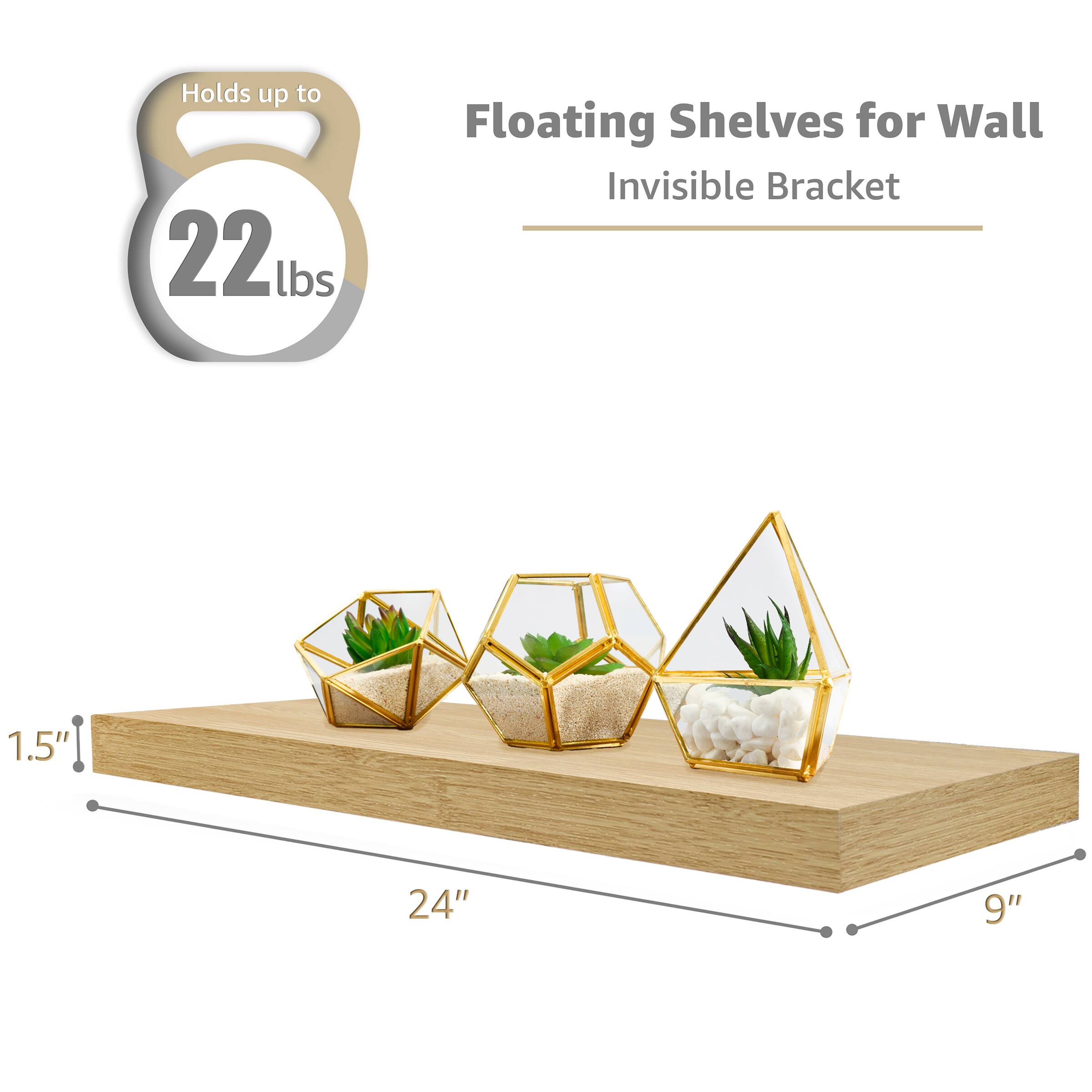 Holds up to 22 lbs, Floating Shelves for Wall, Invisible Bracket, 1.5", 24", 9"
