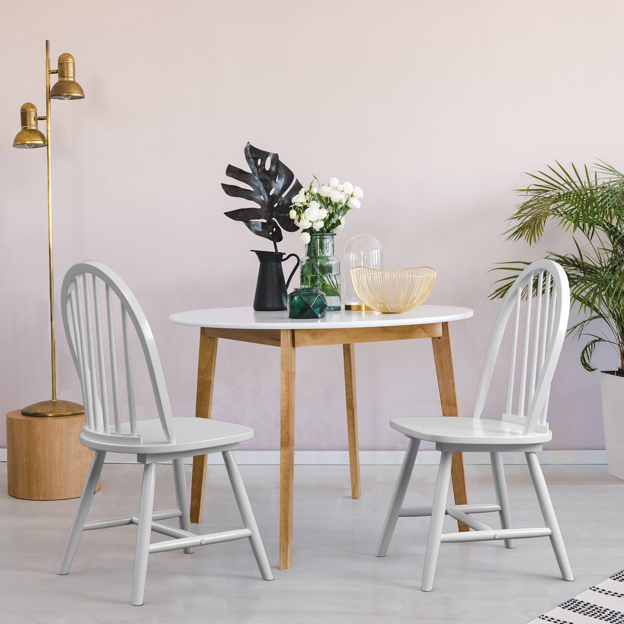 Left. Costway - Set of 2 Vintage Windsor Dining Side Chair Wood Spindleback Kitchen Room - White.