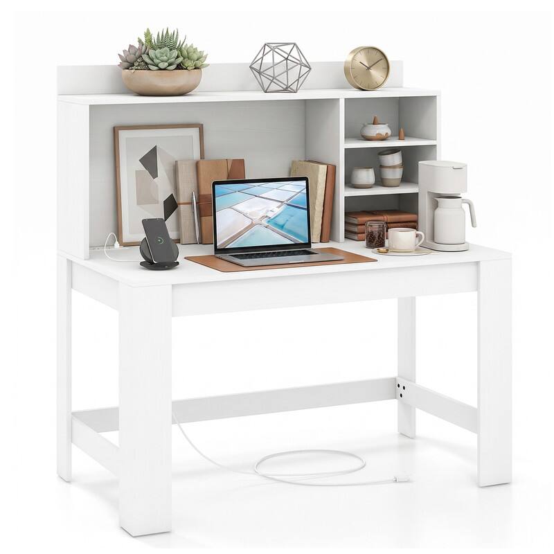 Left. WELLFOR - 42.5" Computer Desk with Hutch & Power Outlets, Study Desk Writing Desk for Home Office - White.