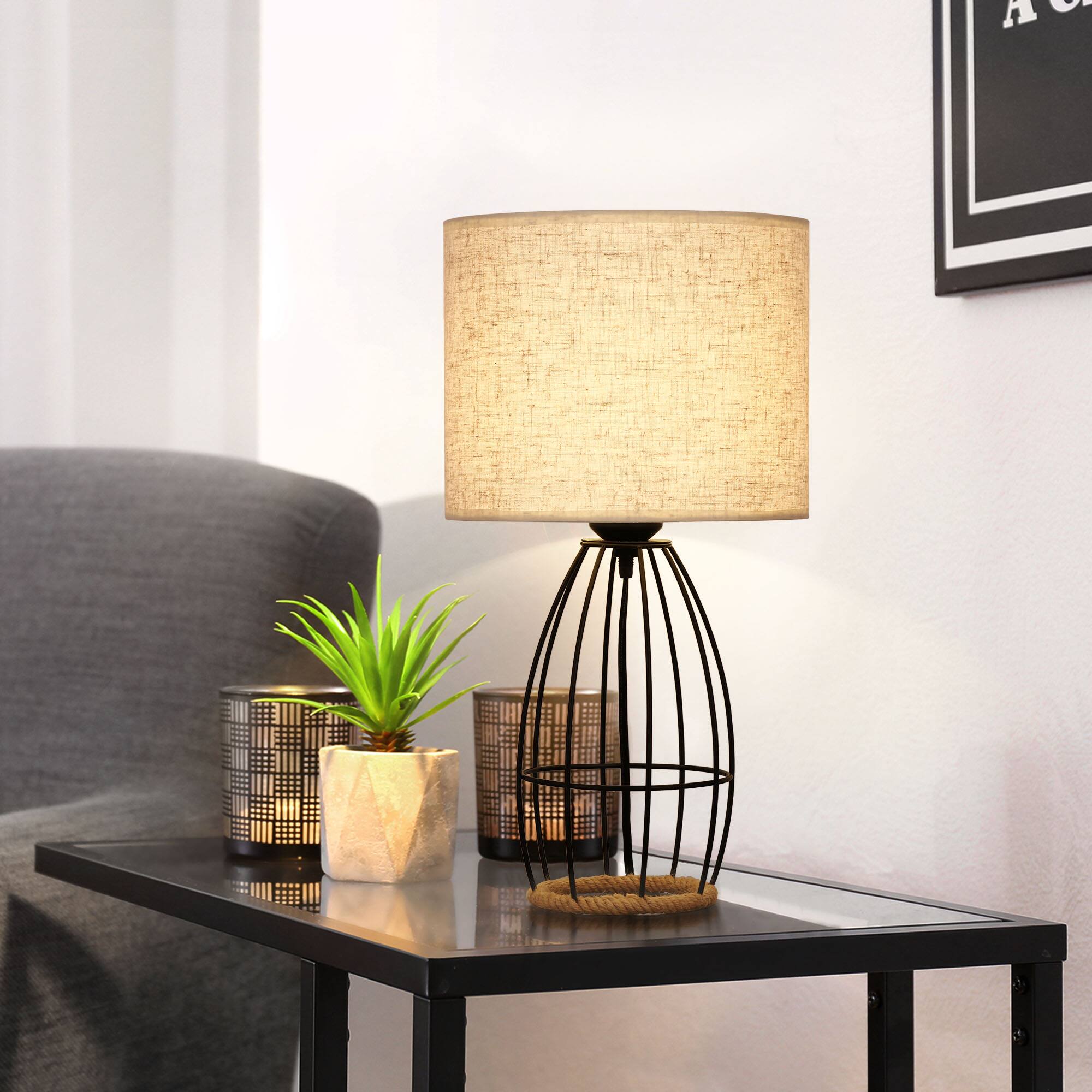 Alt View 2. Oumilen - Birdcage Table Lamp with Linen Shade, Black Metal Frame with Rope Base, E26 Socket & 170cm Cord.