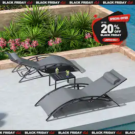 PURPLE LEAF - 3-Pieces Aluminum Outdoor Chaise Lounge Patio Lounge Chair with Side Table - Gray