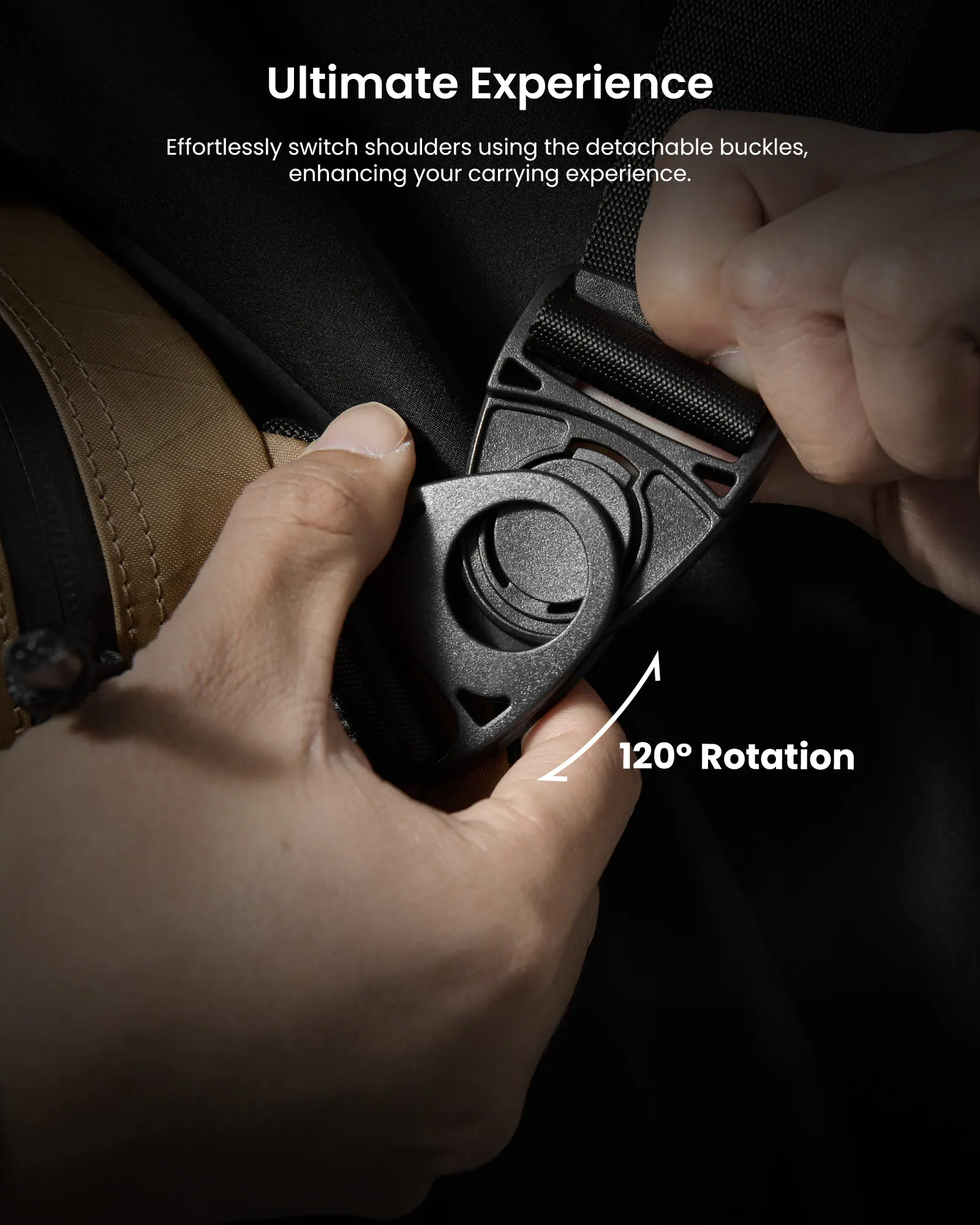Ultimate Experience: Effortlessly switch shoulders using the detachable buckles, enhancing your carrying experience. 2 120 Rotation.