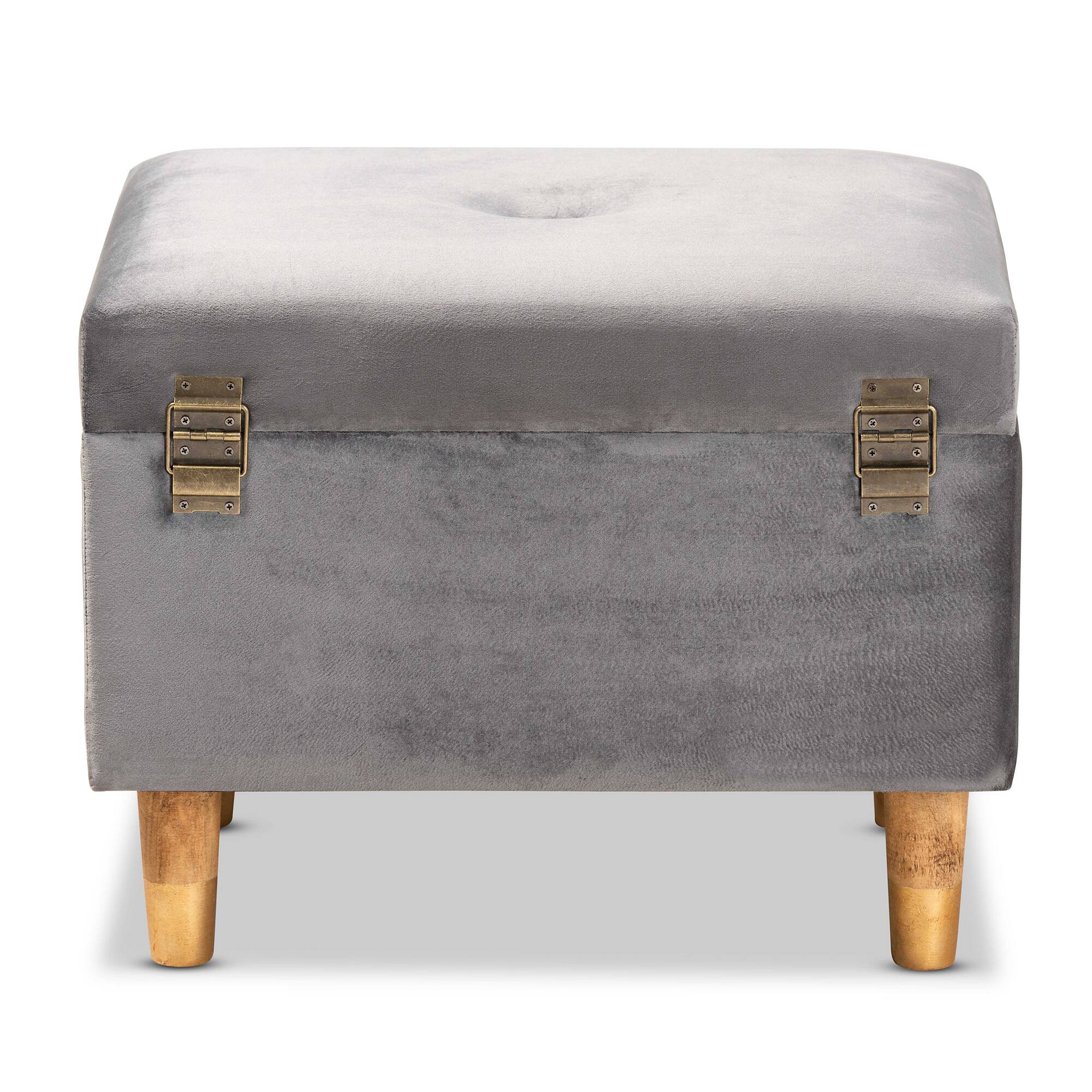 Alt View 1. Baxton Studio - Elias Modern and Contemporary Velvet Fabric Upholstered and Oak Brown Finished Wood Storage Ottoman - Grey/Oak.
