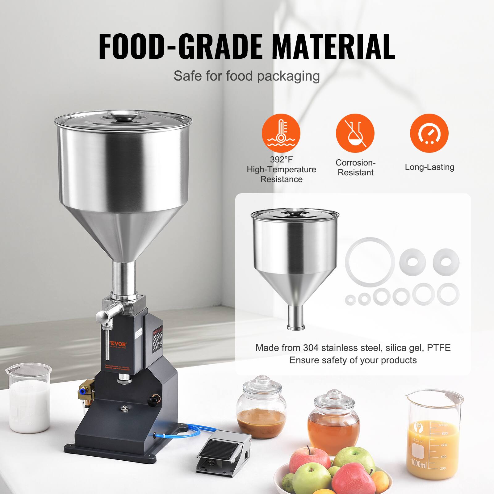 FOOD-GRADE MATERIAL  
Safe for food packaging  

392°F High-Temperature Resistance  
Corrosion-Resistant  
Long-Lasting  

Made from 304 stainless steel, silica gel, PTFE  
Ensure safety of your products  

A a 1000ml 400 200