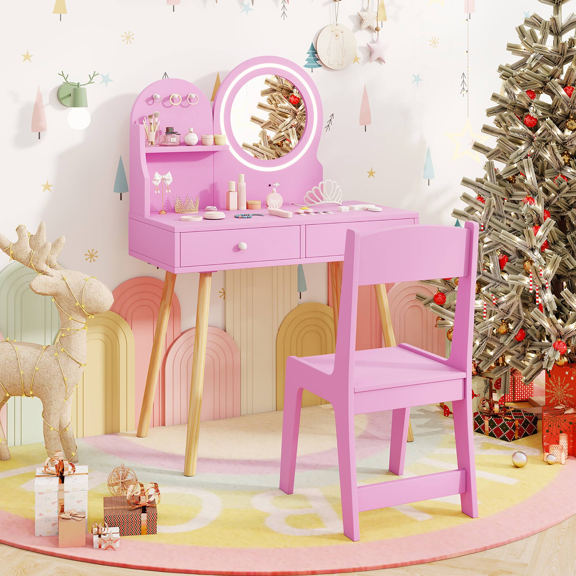 Alt View 1. Gymax - Gymax Kids Vanity Set w/ Lighted Mirror Princess Makeup Dressing Desk & Chair Set Pink - Pink.