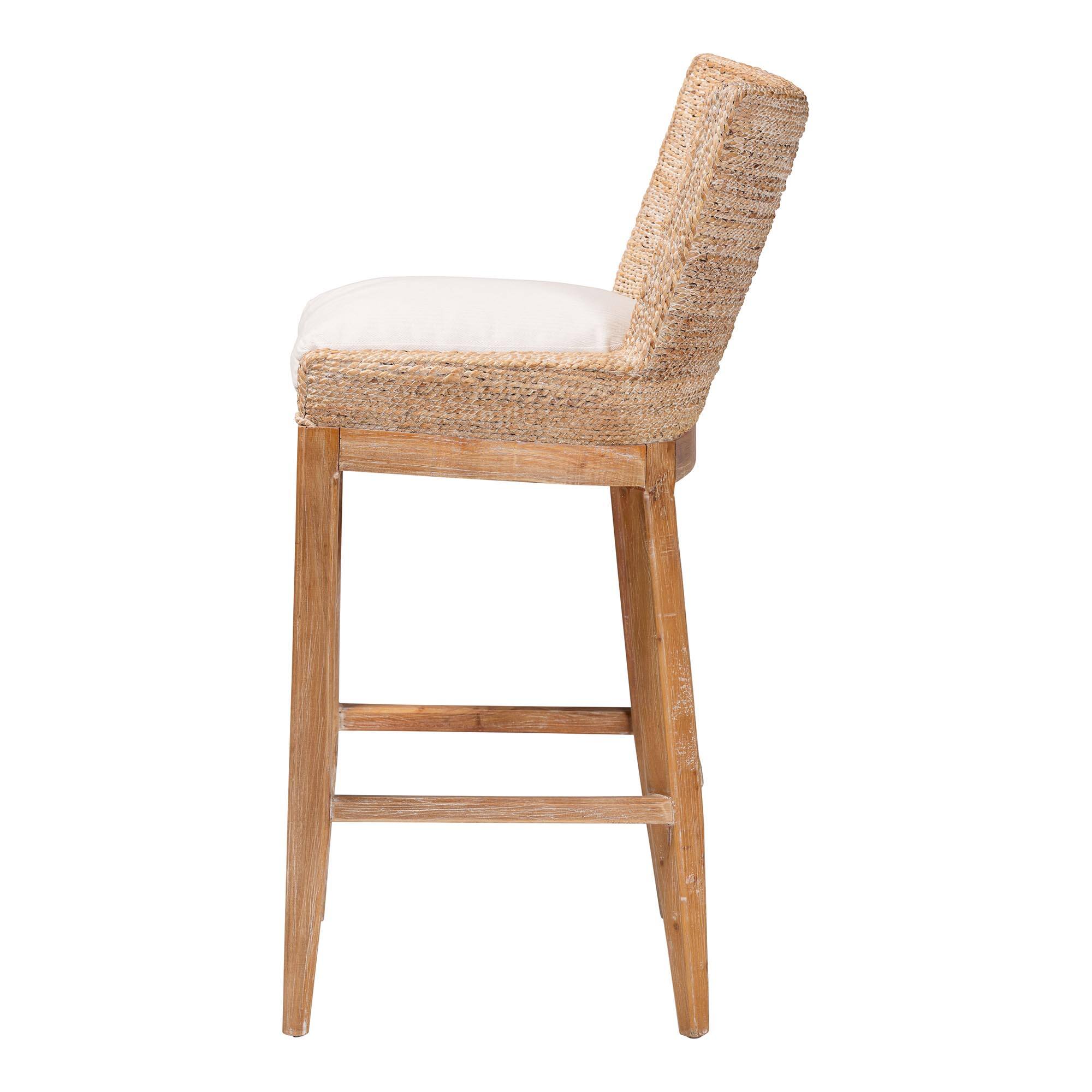 Left. bali & pari - Ridley Seagrass Bar Stool with Mahogany Wood Frame - Seating with Woven Square Back and Cushioned Seat - White Wash.