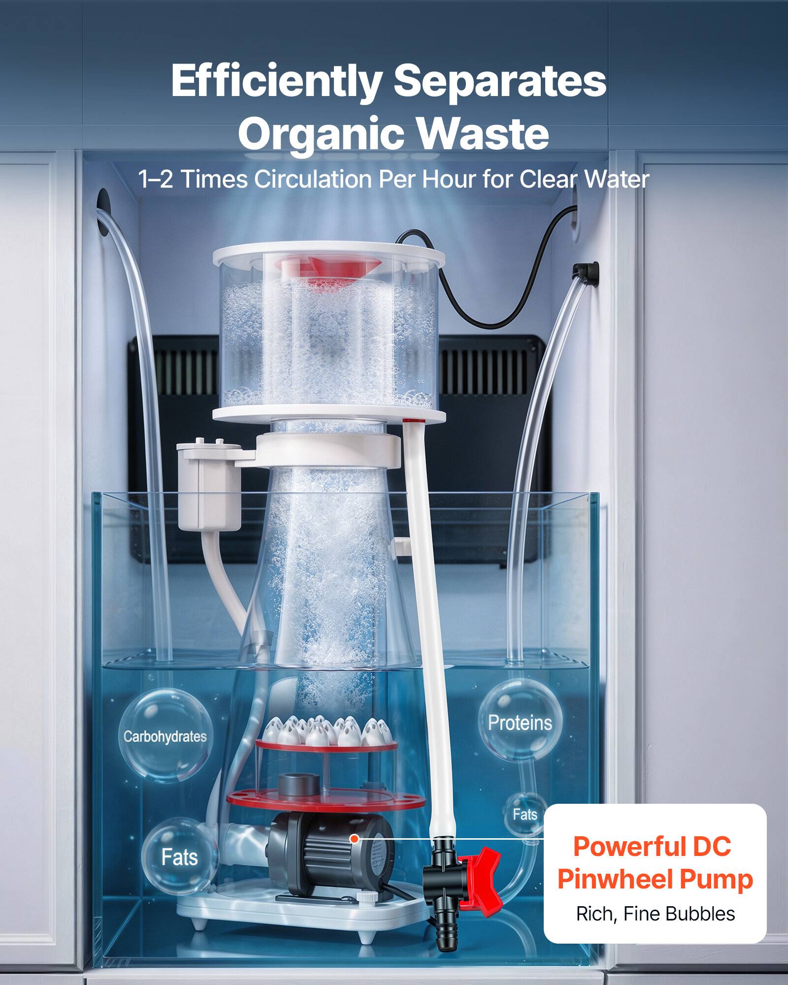 Efficiently Separates Organic Waste  
1-2 Times Circulation Per Hour for Clear Water  
Carbohydrates Proteins Fats  
Powerful DC Pinwheel Pump  
Rich, Fine Bubbles