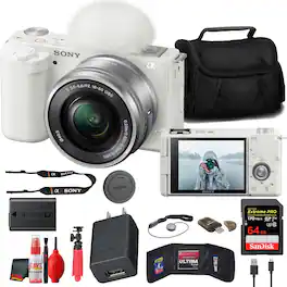 Sony - ZV-E10 Mirrorless Camera with 16-50mm Lens Bundle + 64GB Card + Case + Tripod + Creator Kit - White