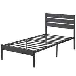 Hivvago - Twin size Industrial Platform Bed Frame with Wood Slatted Headboard - Black