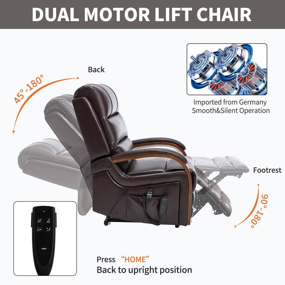 DUAL MOTOR LIFT CHAIR

45°-180°

Back

Imported from Germany
Smooth & Silent Operation

Press "HOME" Back to upright position

Footrest 90°-180°