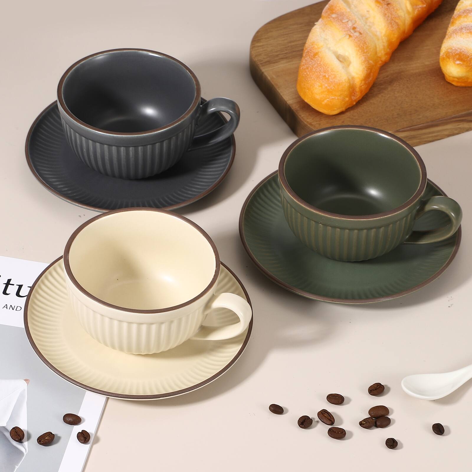 Alt View 4. Unique Bargains - Handmade Vintage Espresso Cups, 9.5oz Stripe Coffee Cups & Saucers Ceramic Tea Cup w/Handle, Microwave Safe - Beige.