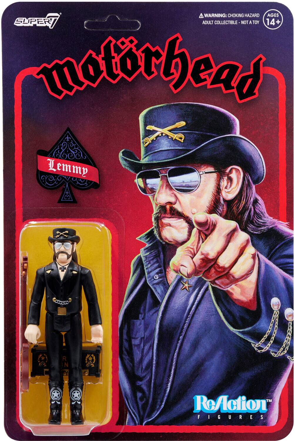 Sure, here is the corrected and grouped text from the image:

---

**SLIPPERY**

**motorhead**

**Lemmy**

**WARNING: CHOKING HAZARD**  
**ADULT COLLECTIBLE - NOT A TOY**  
**AGES 14+**

**ReAction FIGURES**

---

This text is taken directly from the image and grouped accordingly.