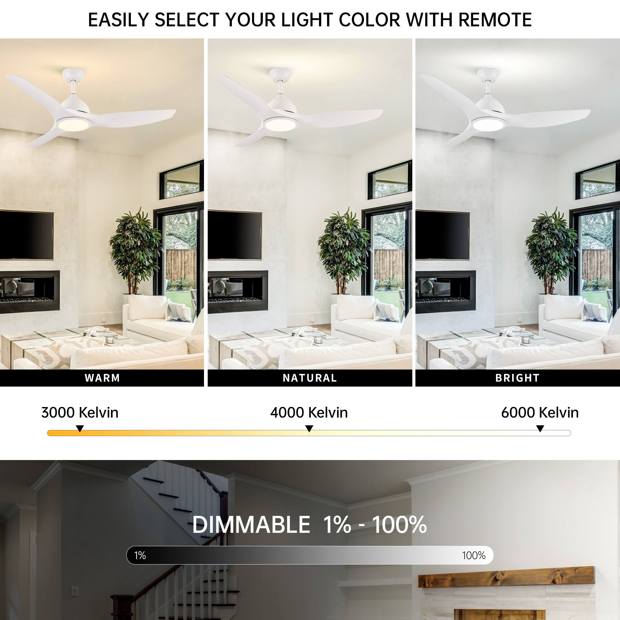 EASILY SELECT YOUR LIGHT COLOR WITH REMOTE

WARM  
3000 Kelvin

NATURAL  
4000 Kelvin

BRIGHT  
6000 Kelvin

DIMMABLE  
1% - 100%