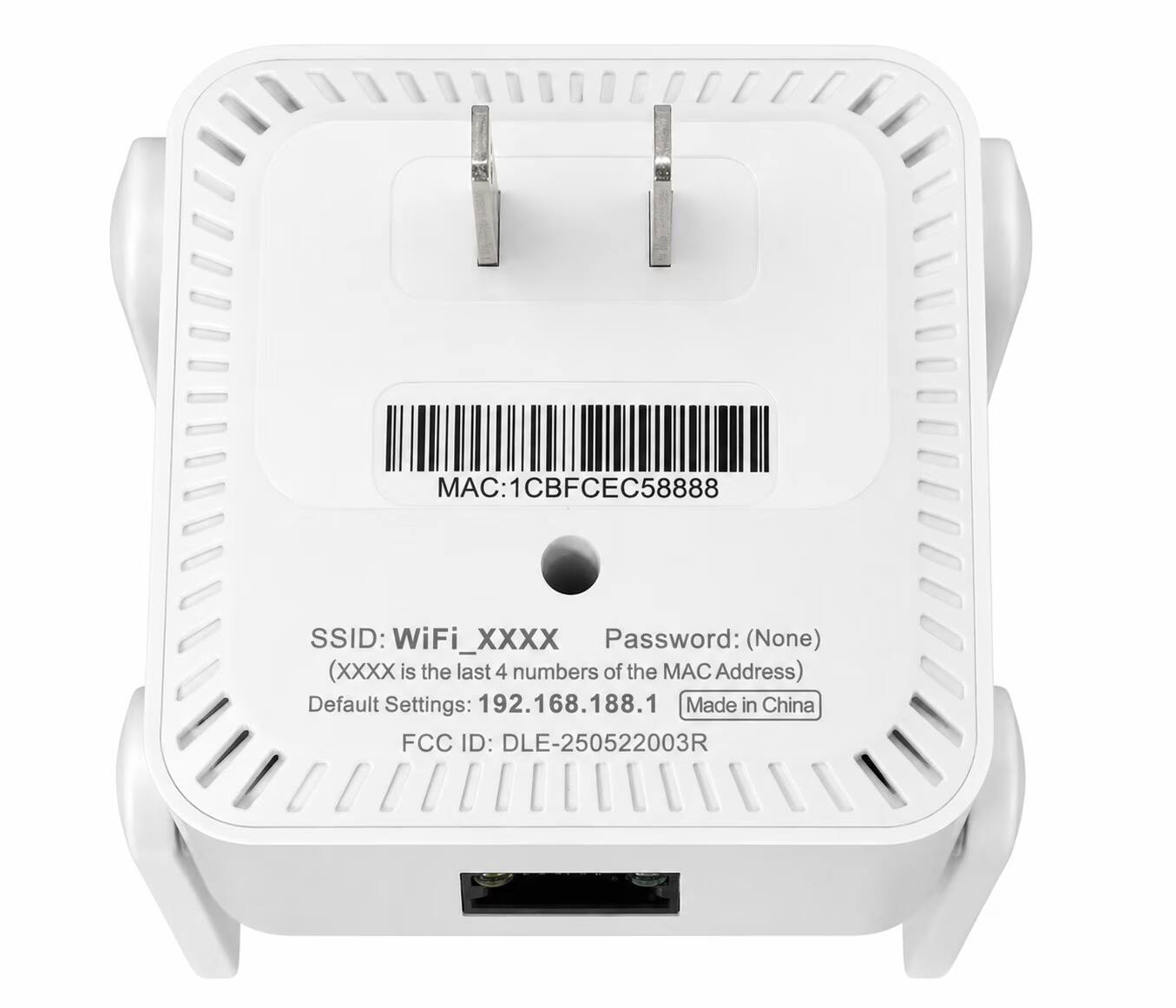 MAC: 1CBFCEC58888  
SSID: WiFi_XXXX  
Password: (None)  
XXXX is the last 4 numbers of the MAC Address  
Default Settings: 192.168.188.1  
Made in China  
FCC ID: DLE-250522003R