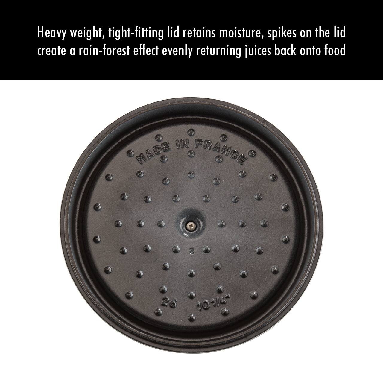 Heavy weight, tight-fitting lid retains moisture, spikes on the lid create a rain-forest effect evenly returning juices back onto food

MADE IN FRANCE

10 1/4"