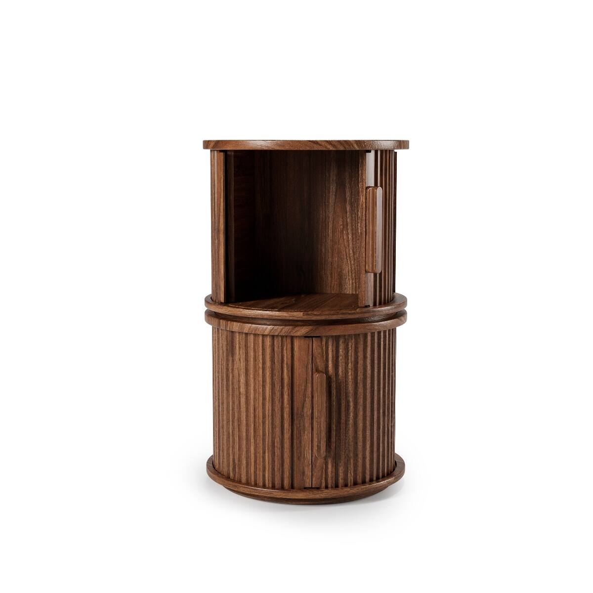 Alt View 7. Loheer - Loheer Round Coffee Table Set, Walnut Fluted Sliding Door Storage Tables for Living Room - Walnut.