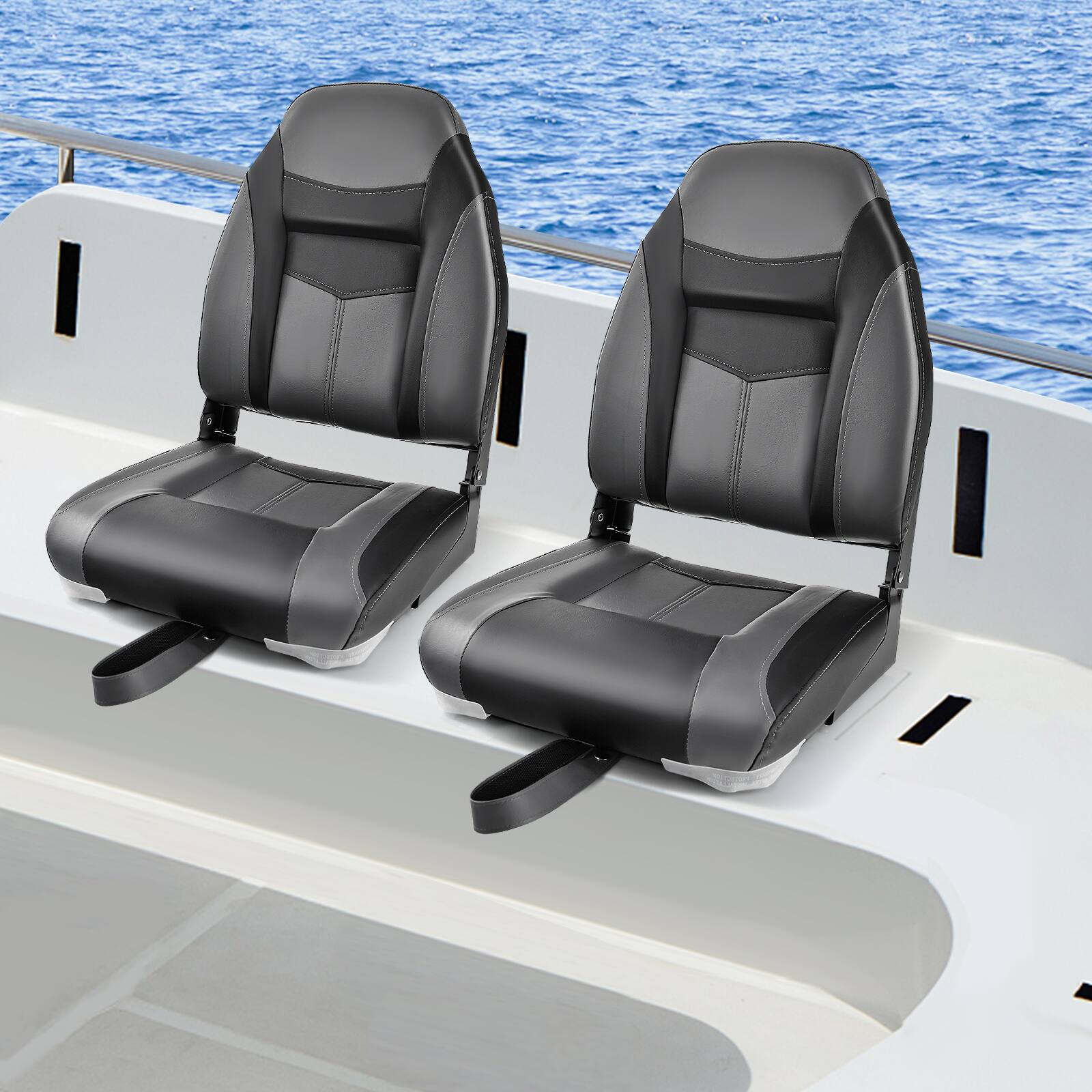 Alt View 1. Costway - Costway High Back Folding Boat Seats with Grey Sponge Cushion & Flexible Hinges - Black+Gray.