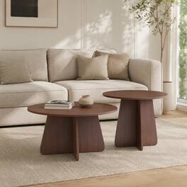 Whisen - 2-Piece Round Nesting Coffee Table Set for Living Room, Minimalist Modern Entryway Side Tables - Walnut